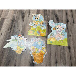 Vintage Easter Die-Cut Decorations Set Of 4 With Bunnies Chicks & Goose